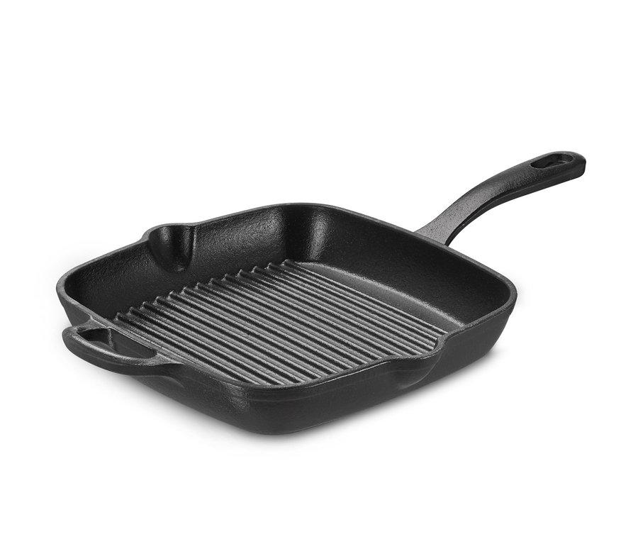 Eine schwarze Gusseisen-Pfanne mit geriffeltem Boden.