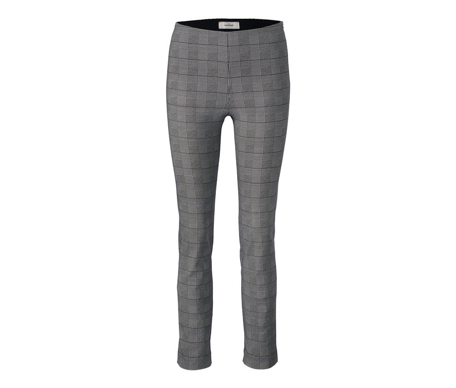 Eine knöchellange Stretchhose mit grauem Karomuster.