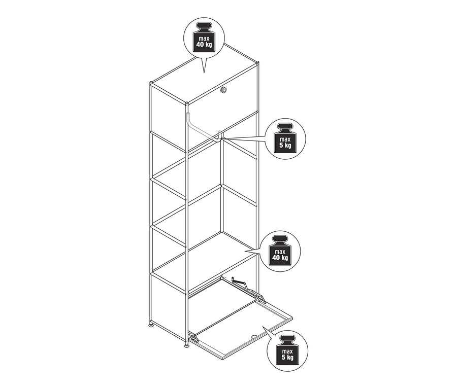 Eine Strichzeichnung einer Garderobe Metall »CN3« mit offenem Unterschrank und Gewichtsbeschränkungen.