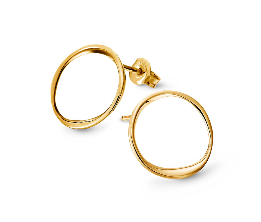 Zwei goldene Ohrstecker, 925 Silber vergoldet »Pure Collection« auf weißem Hintergrund.