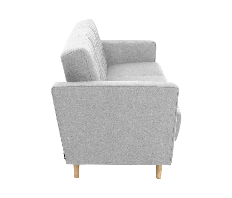 Seitenansicht des hellgrauen 3-Sitzer-Schlafsofas »Janny« mit Holzfüßen.