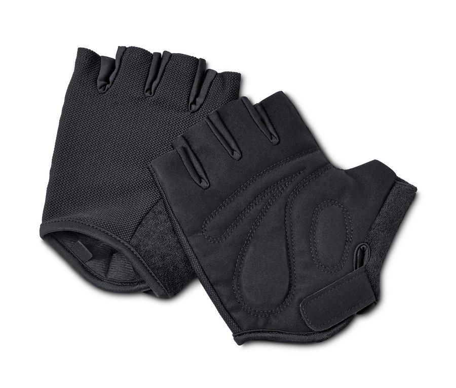 Zwei schwarze Fahrrad-Handschuhe liegen nebeneinander.