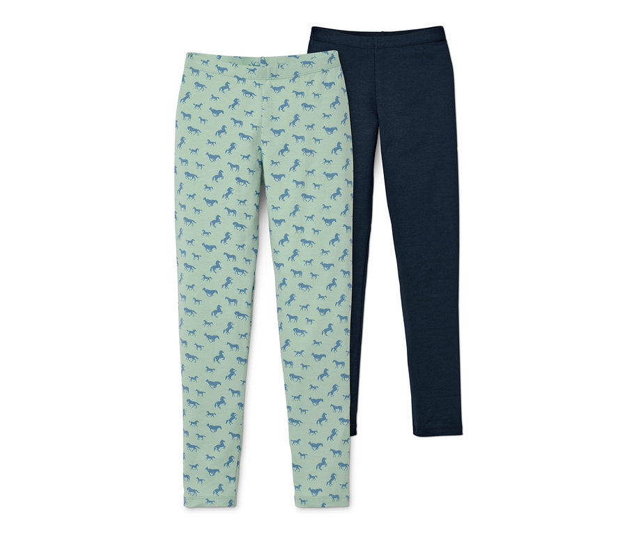 Zwei Leggings: eine hellgrüne mit Pferdemuster, eine dunkelblaue.