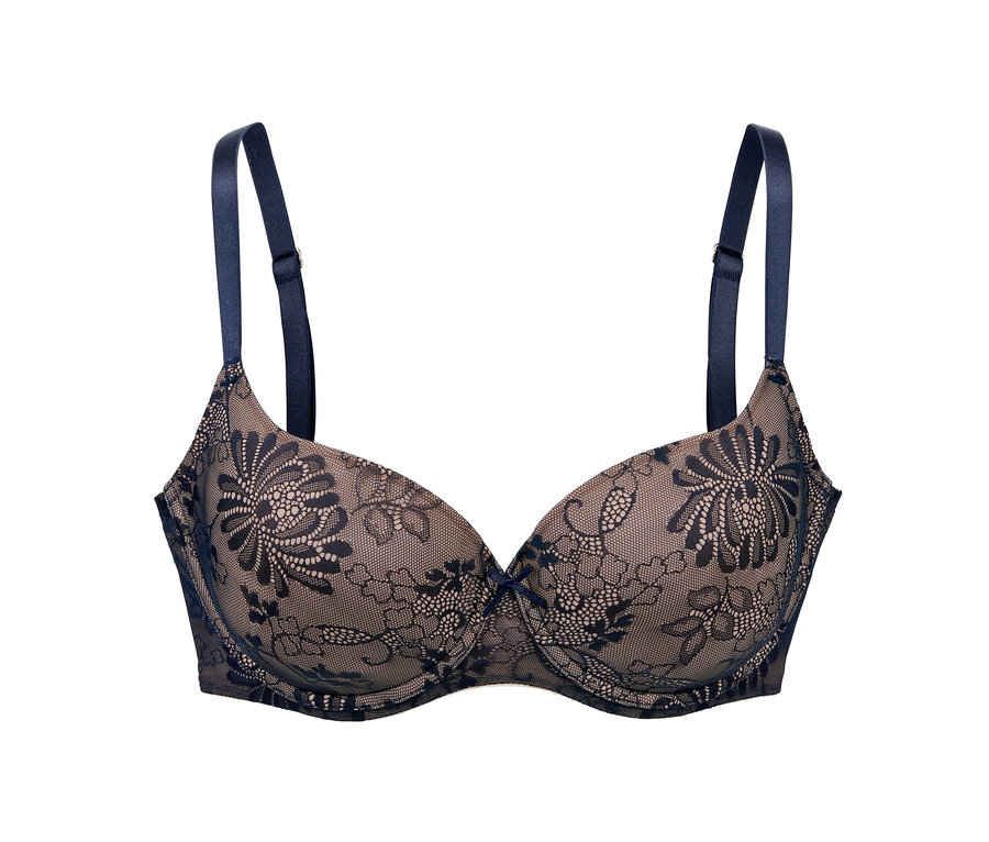 Detailansicht eines Premium-Schalen-BHs mit Blumenspitze und dunkelblauen Trägern.