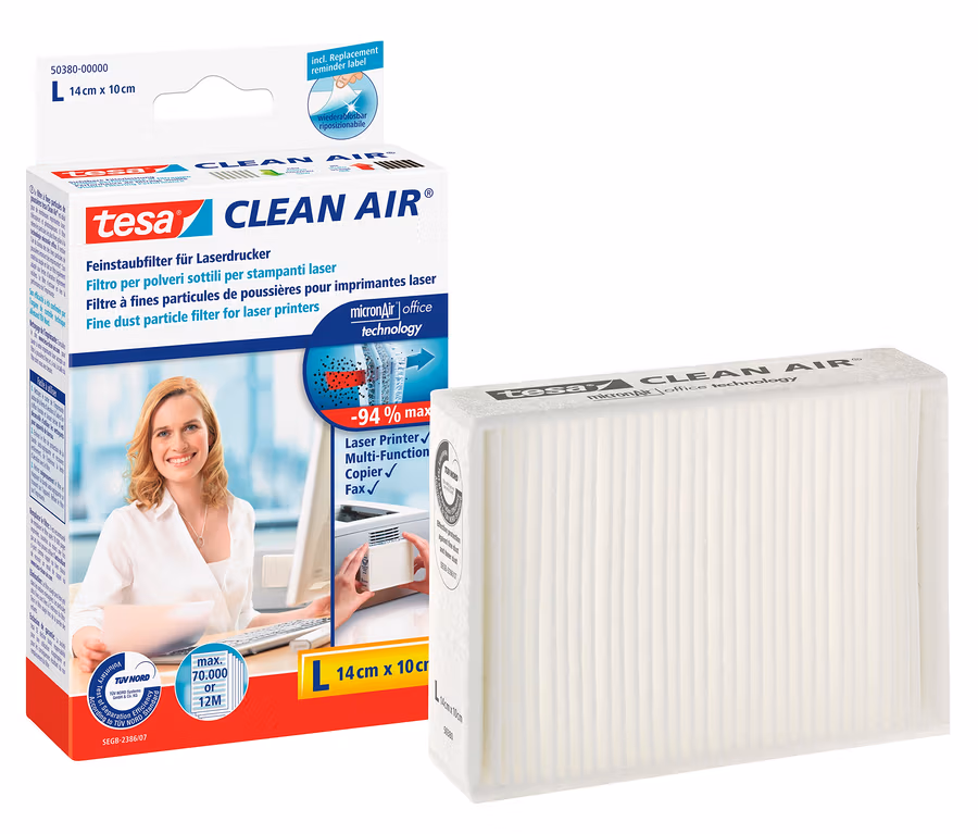 Verpackung des Tesa Clean Air Feinstaubfilters für Laserdrucker und separater Filter.