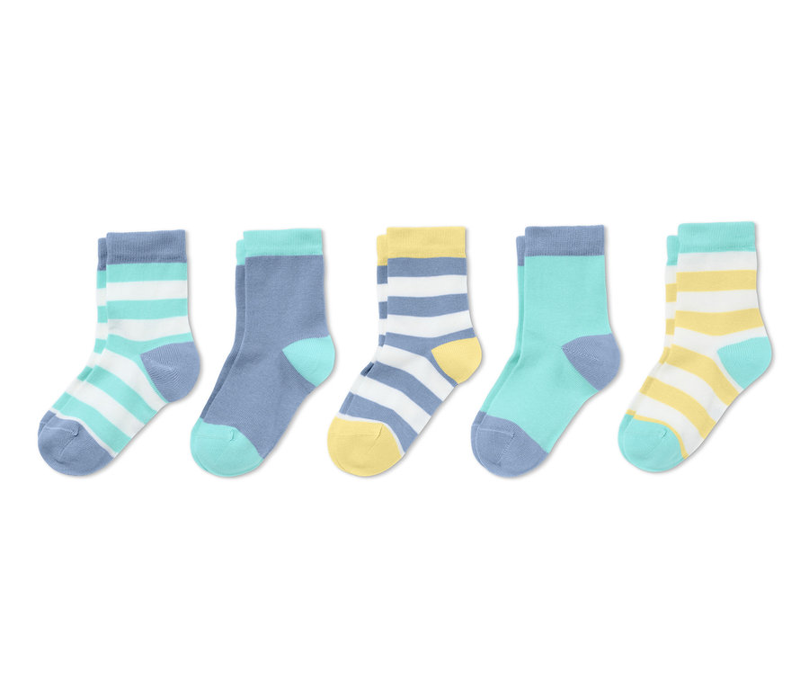 Fünf Paar mehrfarbige Socken aus Bio-Baumwolle.