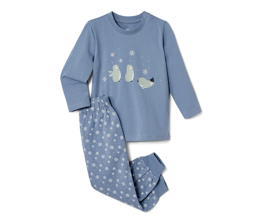 Blauer Kinder-Glow-in-the-dark-Pyjama mit Pinguinprint und Schneeflocken.