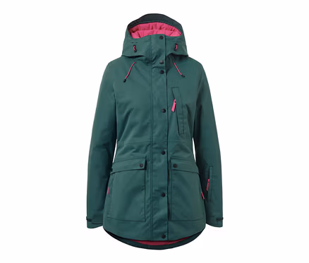 Grüne Ski- und Snowboardjacke mit Kapuze und pinkem Futter.