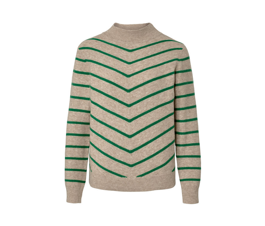 Gestreifter, cremefarbener Strickpullover mit Stehkragen.