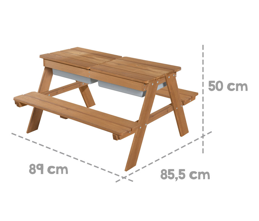 roba Kinder-Outdoor-Sitzgruppe »Picknick for 4« in Teakoptik mit Spielwannen und Maßangaben.