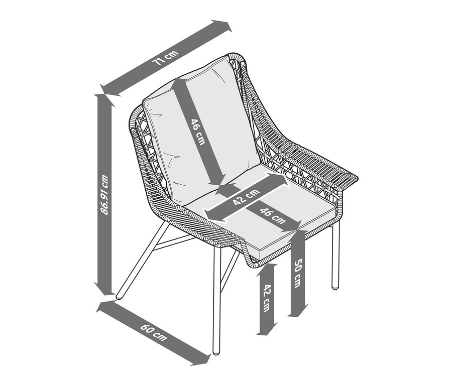 Abmessungen des Dining-Sessels mit Polyrattangeflecht.