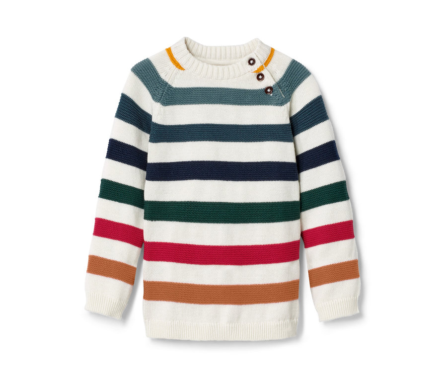 Gestreifter Kleinkind-Strickpullover mit Knöpfen am Hals.