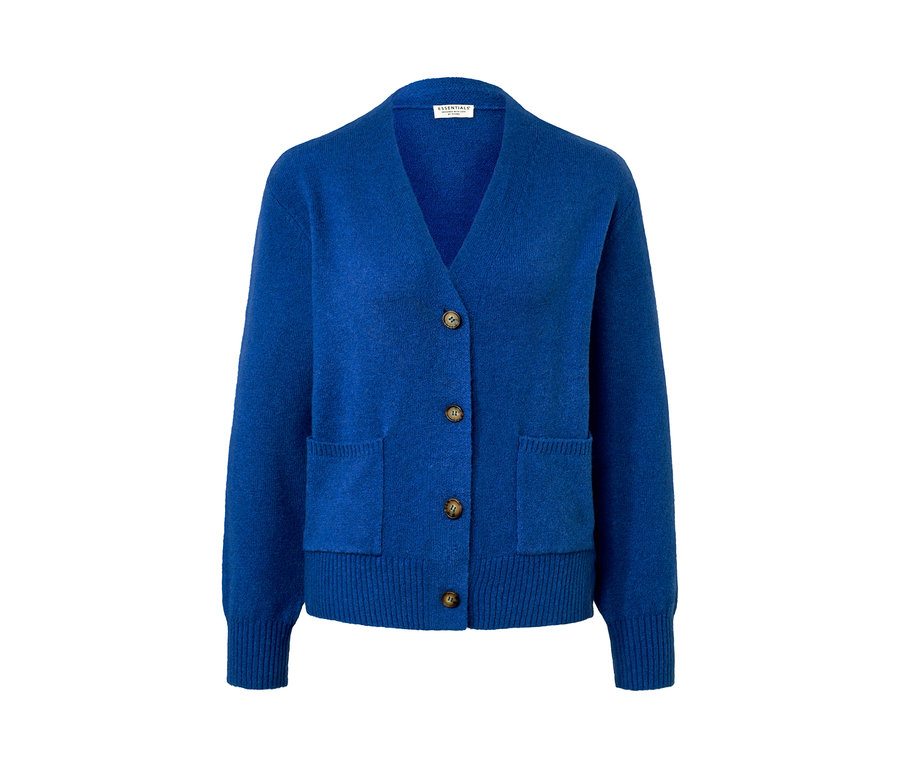 Kobaltblaue Strickjacke mit Wolle, Knöpfen und Taschen.