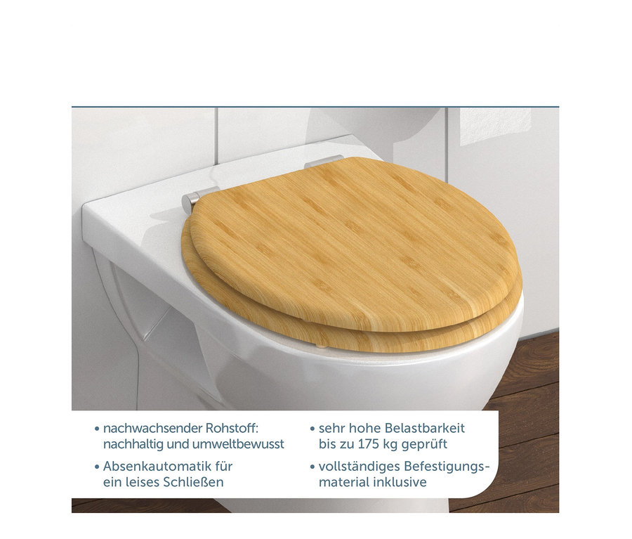 WC-Sitz »Bambus« mit Absenkautomatik auf einer Toilette.