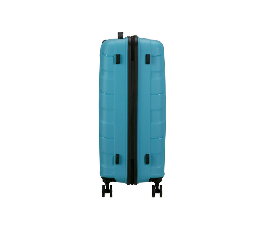 Detailansicht von hinten eines mittelgroßen, hellblauen American Tourister Jetdriver 3.0 Koffers.