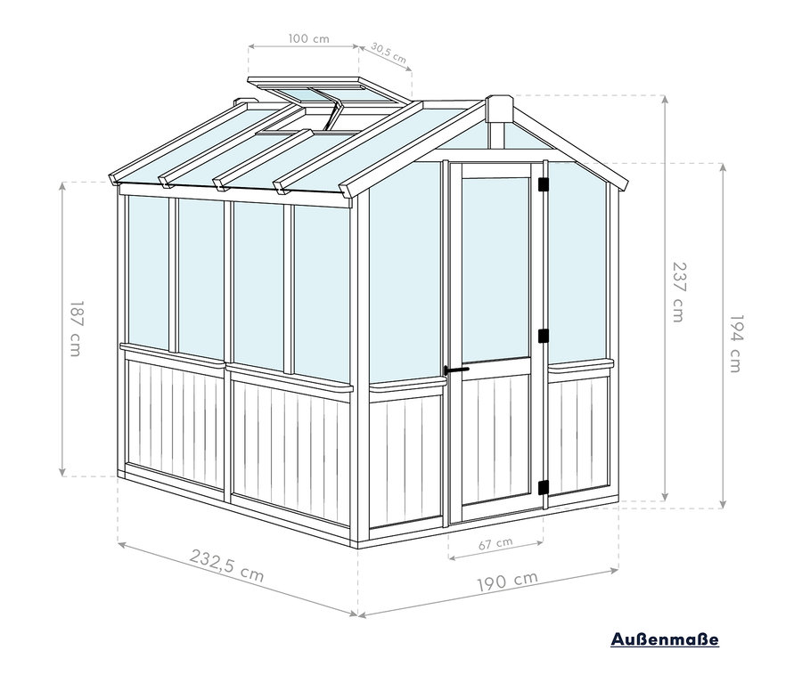 Zeichnung eines Zedernholz-Gewächshauses mit Abmessungen.