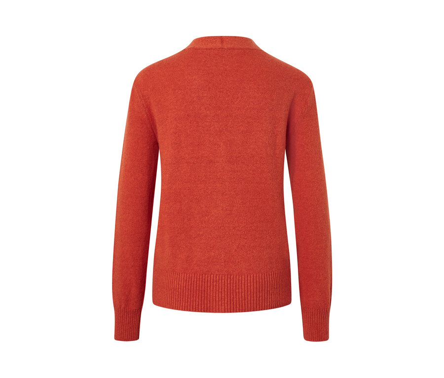 Rückansicht einer orangefarbenen Strickjacke mit V-Ausschnitt.