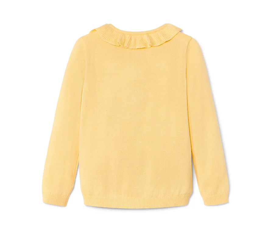 Gelbe Baby-Strickjacke mit Rüschenkragen.