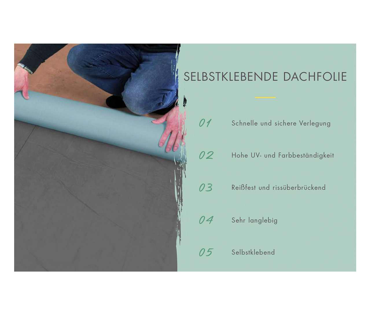 Mann rollt eine Rolle selbstklebende Dachfolie aus.