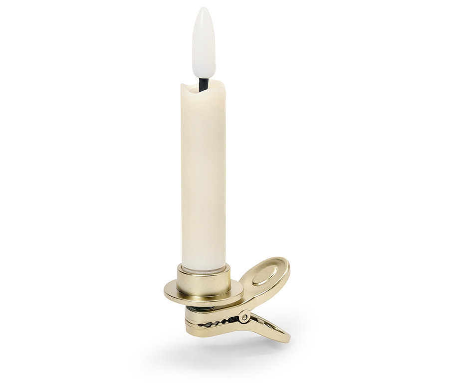 Beige LED-Kerze mit Clip auf goldenem Sockel.