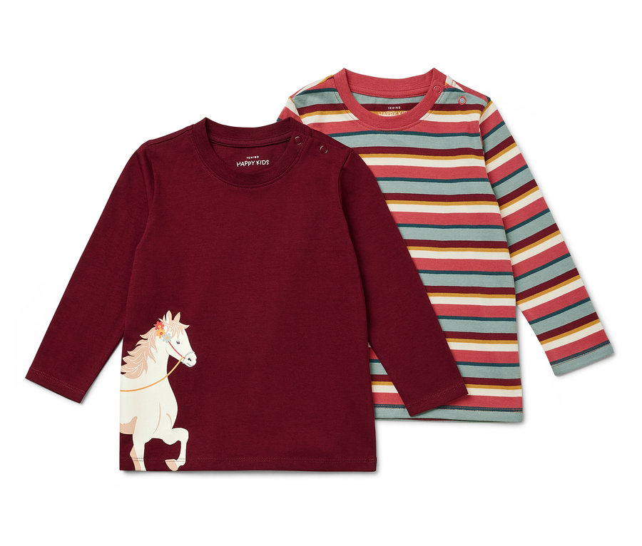 Zwei langärmelige Kinder-T-Shirts: Eines in Weinrot mit Pferd, das andere gestreift.