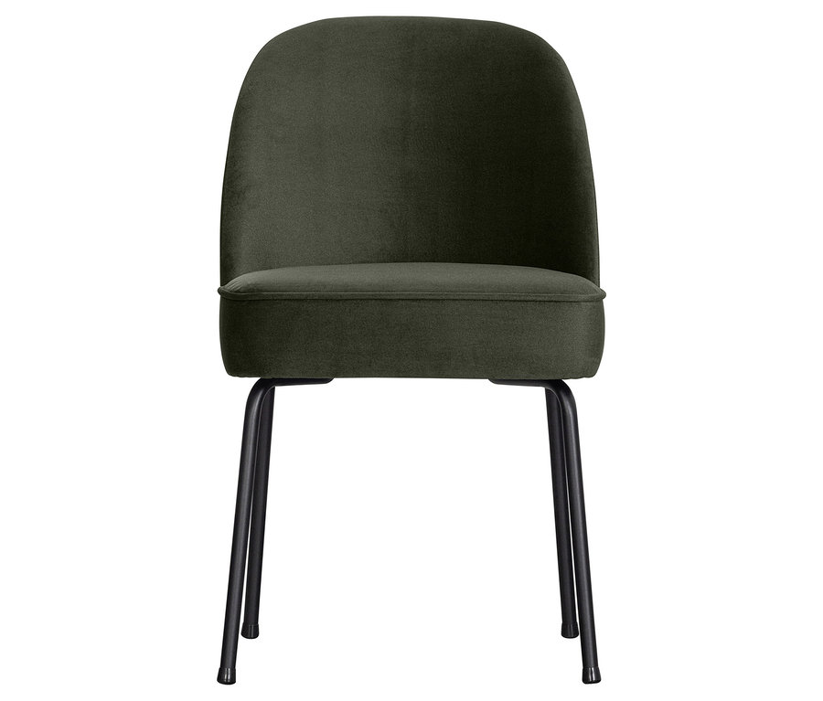 Frontansicht eines dunkelgrünen BePureHome Esszimmerstuhls "Vogue" mit schwarzen Metallbeinen.
