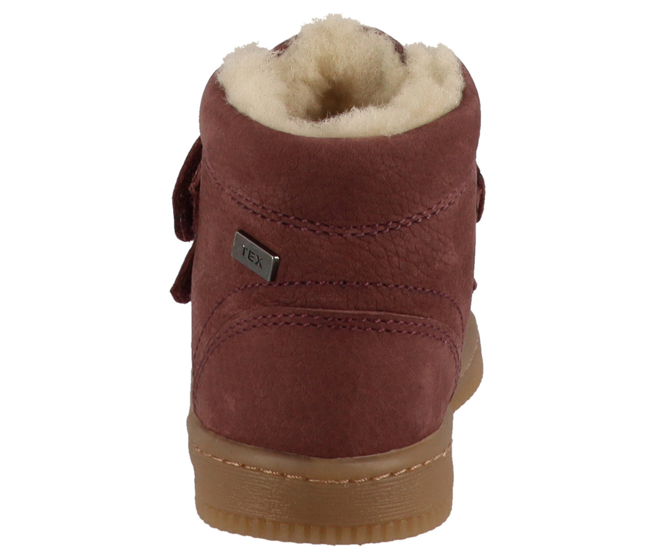 Detail der Rückseite des Lurchi Felix Barefoot-TEX Schuhs in Wildberry-Farbe mit brauner Sohle und beigem Fellfutter.