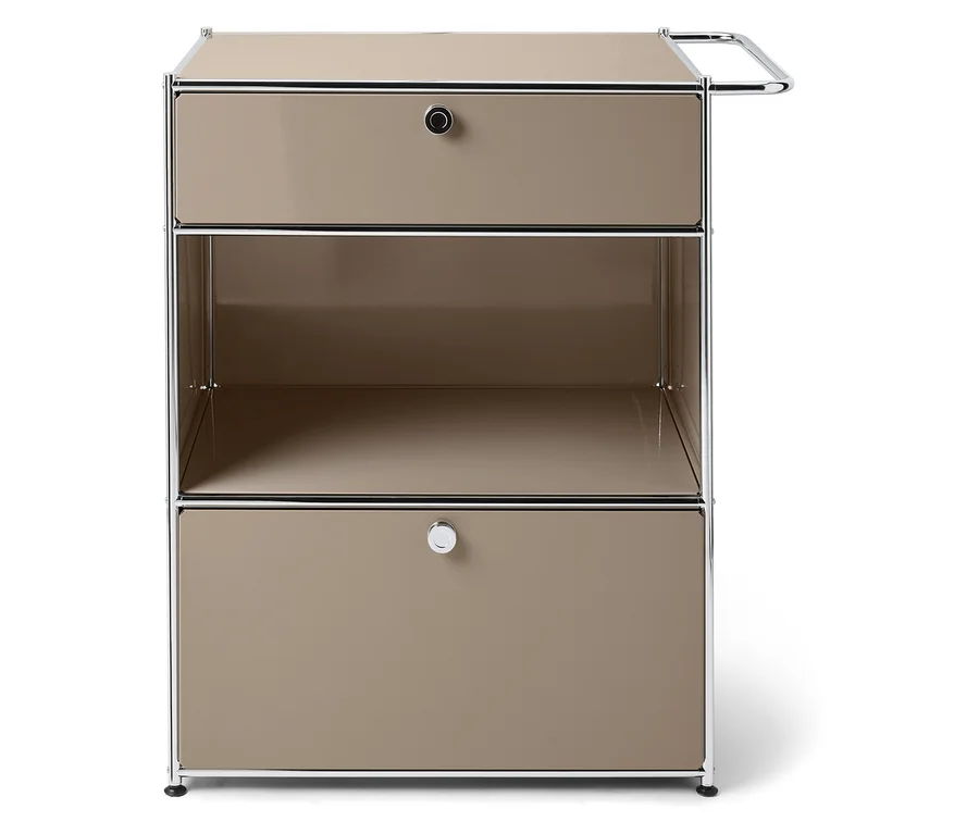Beige Kommode mit zwei Schubladen und einem offenen Regal in der Mitte.