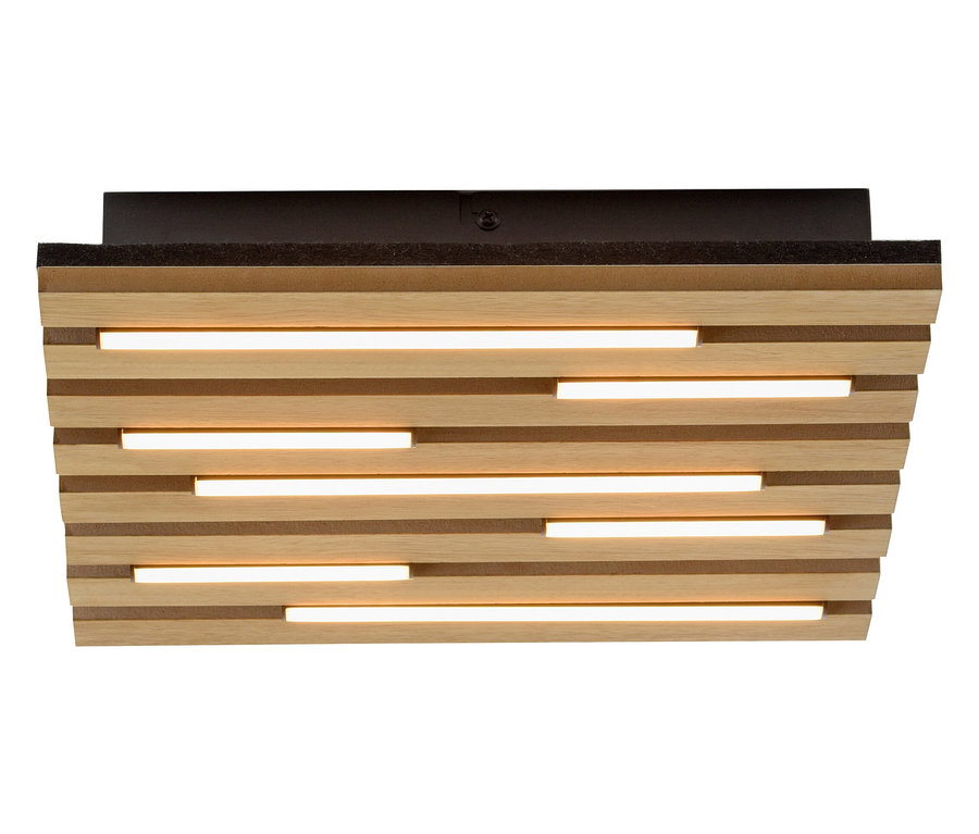 Hölzerne Deckenleuchte mit horizontalen Lamellen und Lichtstreifen.