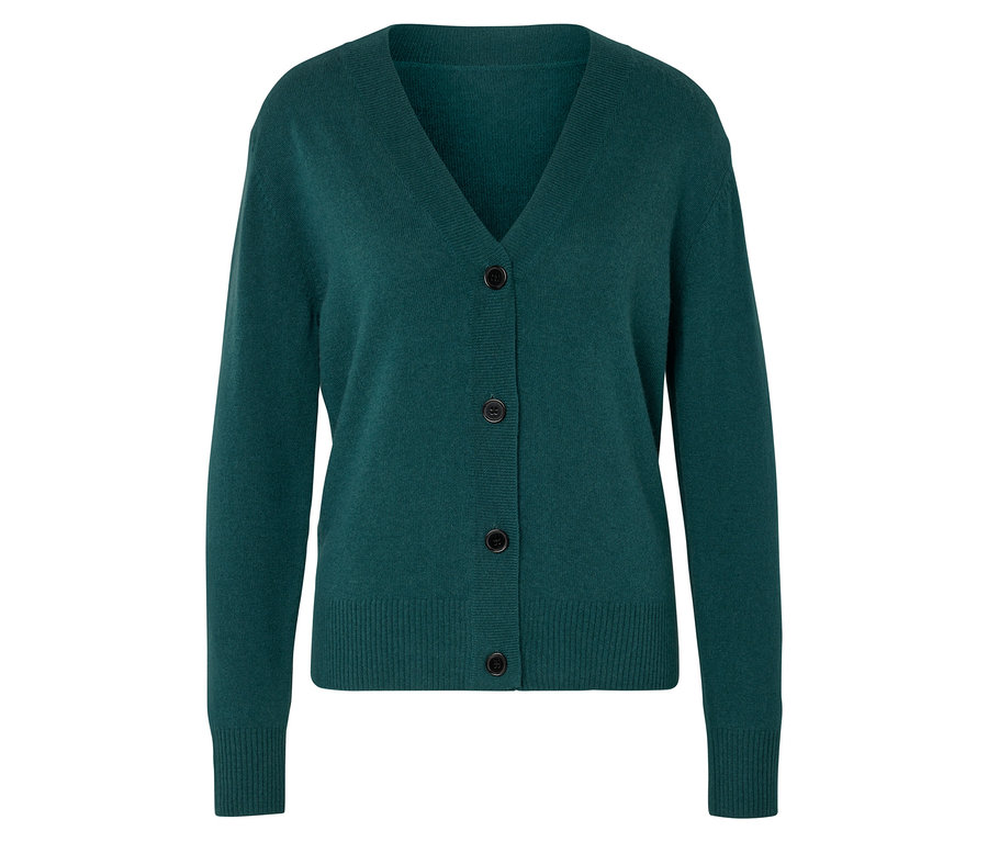 Grüne Strickjacke mit V-Ausschnitt und Knöpfen.