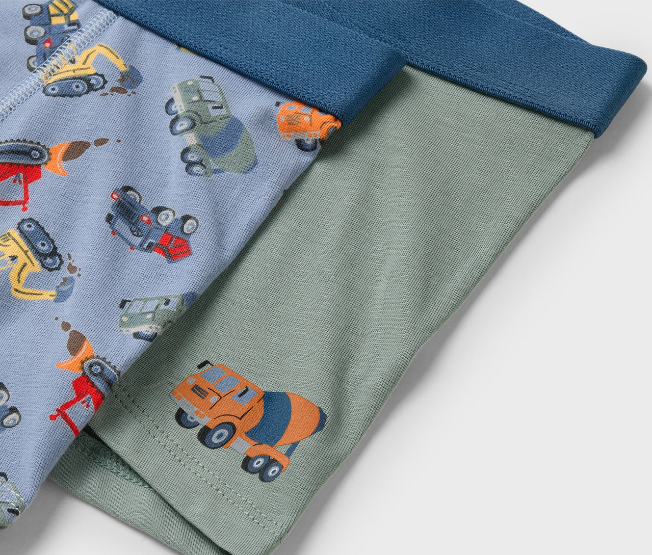 Zwei Paar Kinderunterwäsche. Eine hellblau mit Baumaschinen-Muster, die andere grün mit einem Betonmischer-Bild.