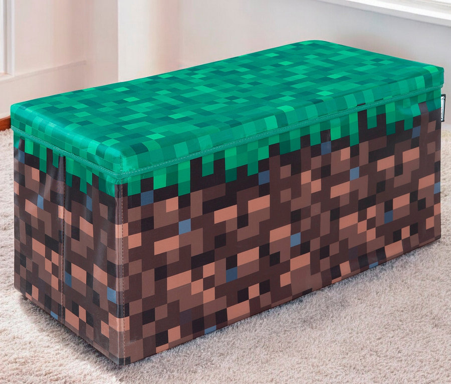 Große MINECRAFT Sitz- und Aufbewahrungsbox mit Pixel-Gras- und Erd-Motiv.