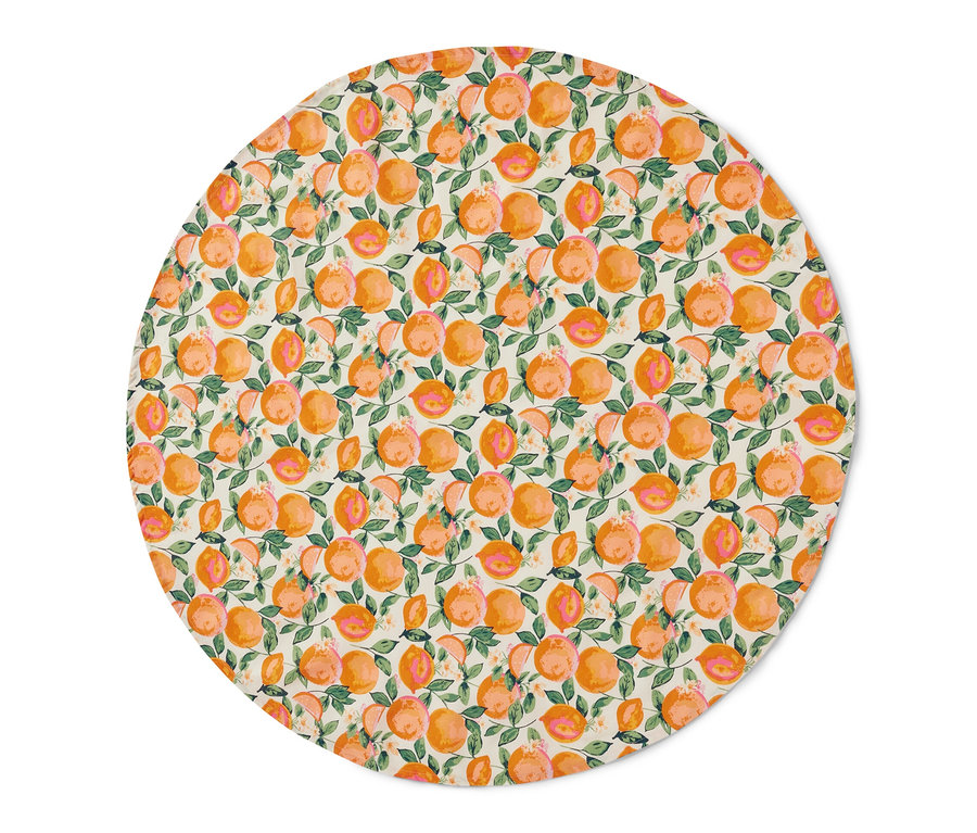 Abwischbare Tischdecke, rund mit Orangen- und Blättermuster.