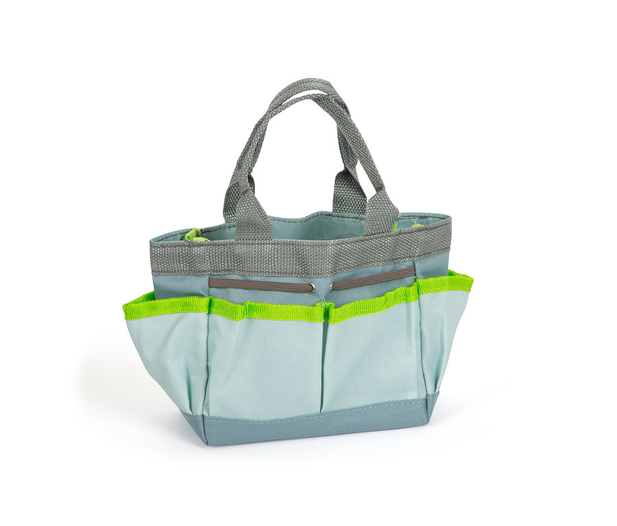 Hellblaue small foot Gartentasche mit Werkzeug, grauen Tragegriffen und neongrünen Tascheneinfassungen.