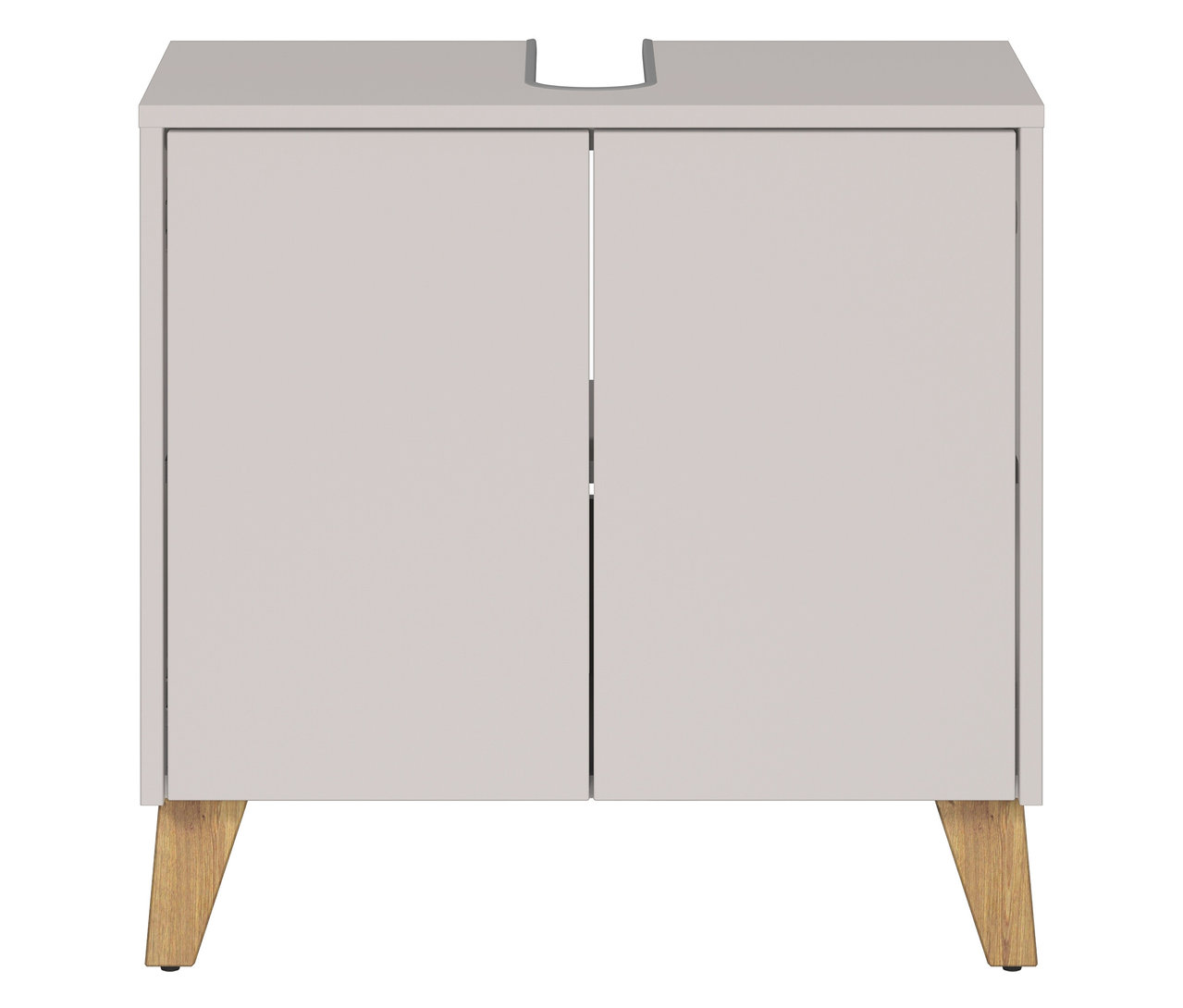 Grauer Badezimmerschrank mit zwei Türen und Holzfüßen.