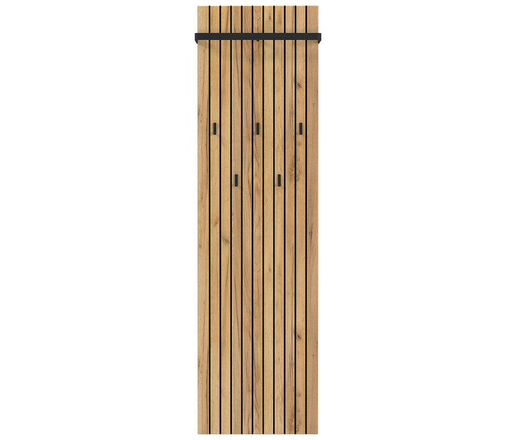 Garderobenpaneel aus hellem Holz mit schwarzen Akzenten und Haken.
