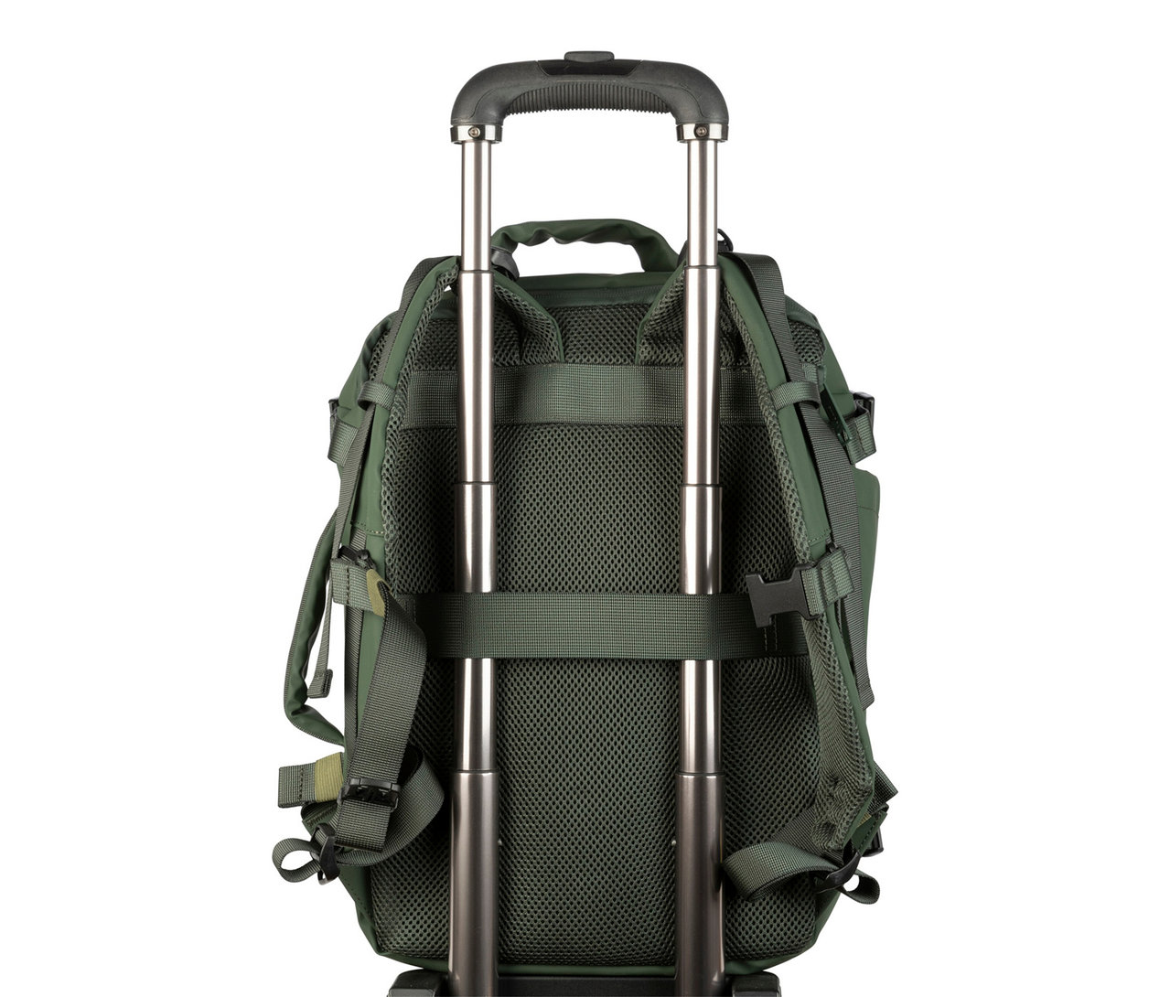 Nahaufnahme eines grünen Rucksacks mit Trolley-Griff.