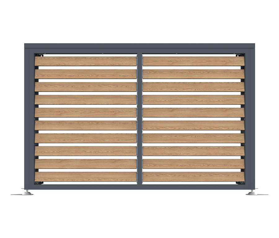 Grauer Sichtschutz mit horizontalen Holzlatten.