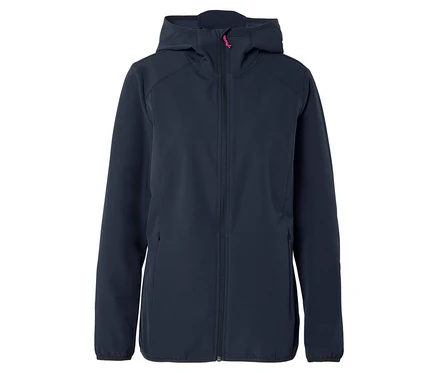 Dunkelblaue Softshelljacke mit Kapuze und pinkfarbenem Reißverschluss.