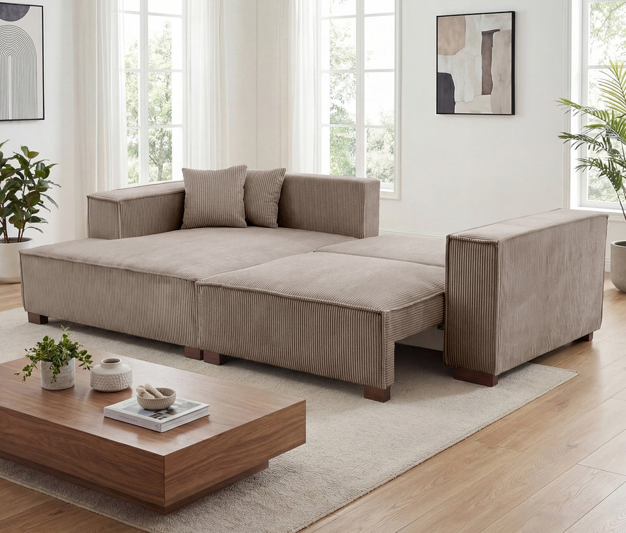 Mocca-farbenes Sofa 2-Sitzer »Cumello« mit Auszugsbett rechts und Longchair links im Wohnzimmer.