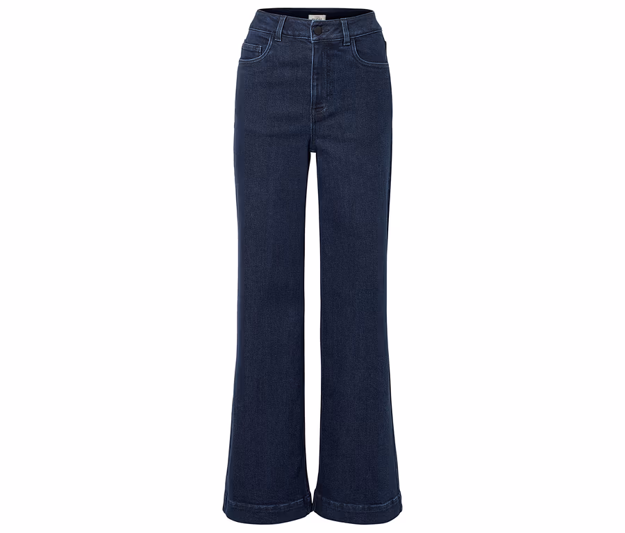 Dunkelblaue, ausgestellte Jeanshose mit Taschen und Knopfverschluss.