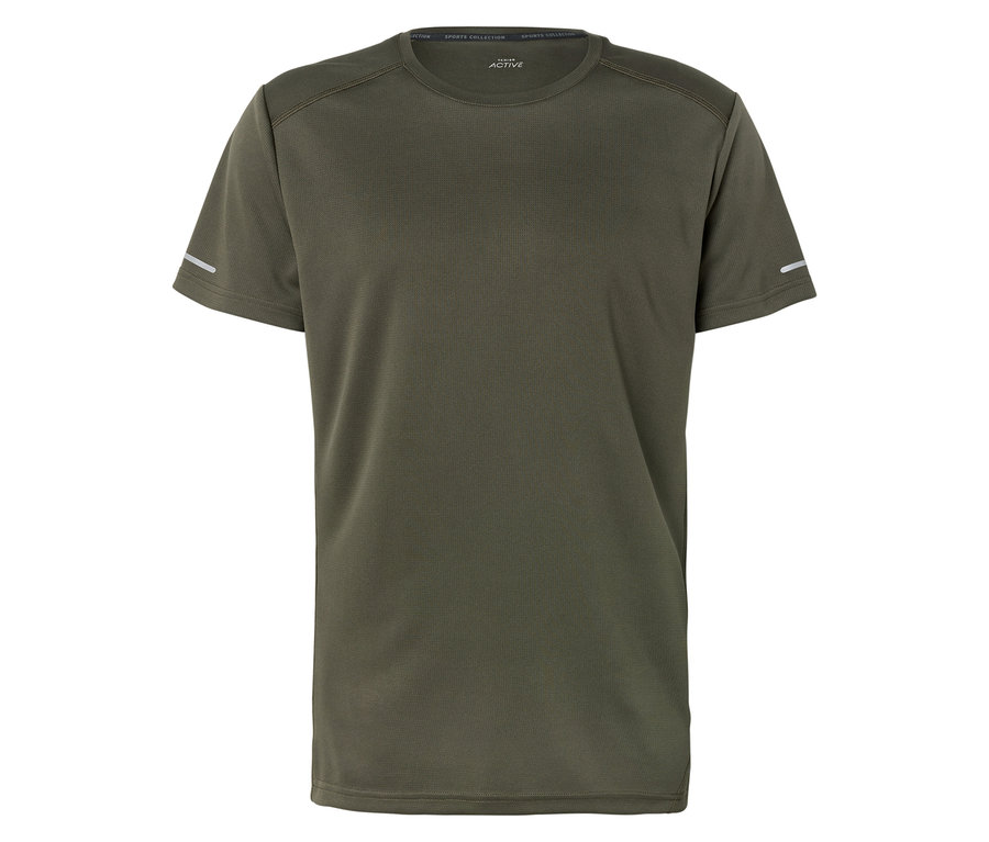 Ein grünes Sport T-Shirt liegt auf einem weißen Hintergrund.