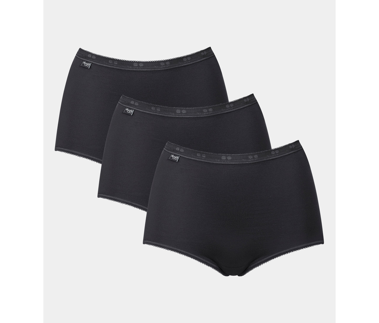 Drei schwarze Slips liegen übereinander.