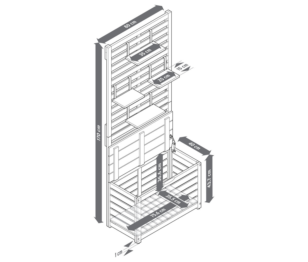 Draufsicht der Maße der Balkonsichtschutzbank mit Stauraum.