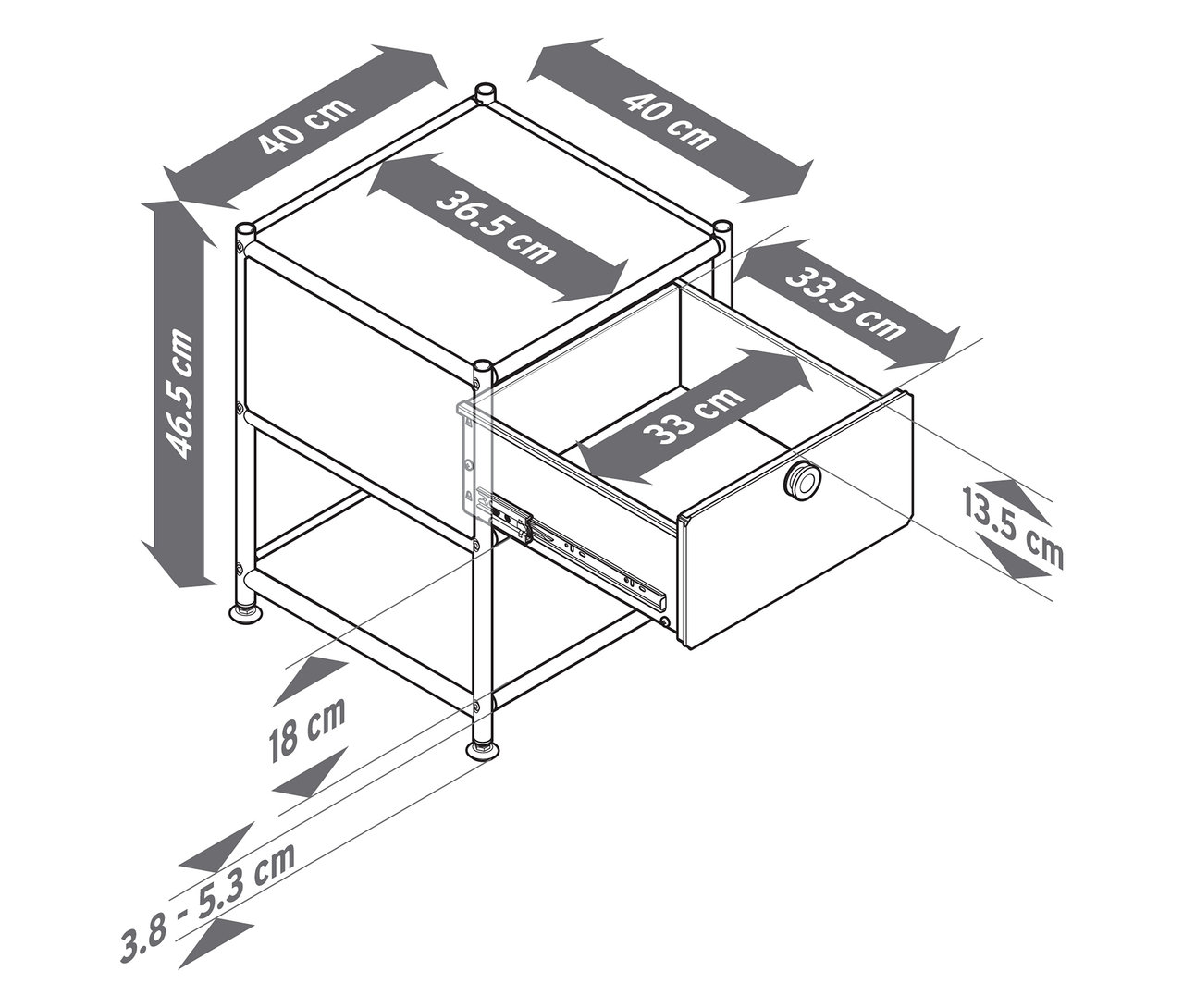 Draufsicht eines Beistelltisches Metall »CN3« mit einer offenen Schublade, alle Maße sind eingezeichnet.
