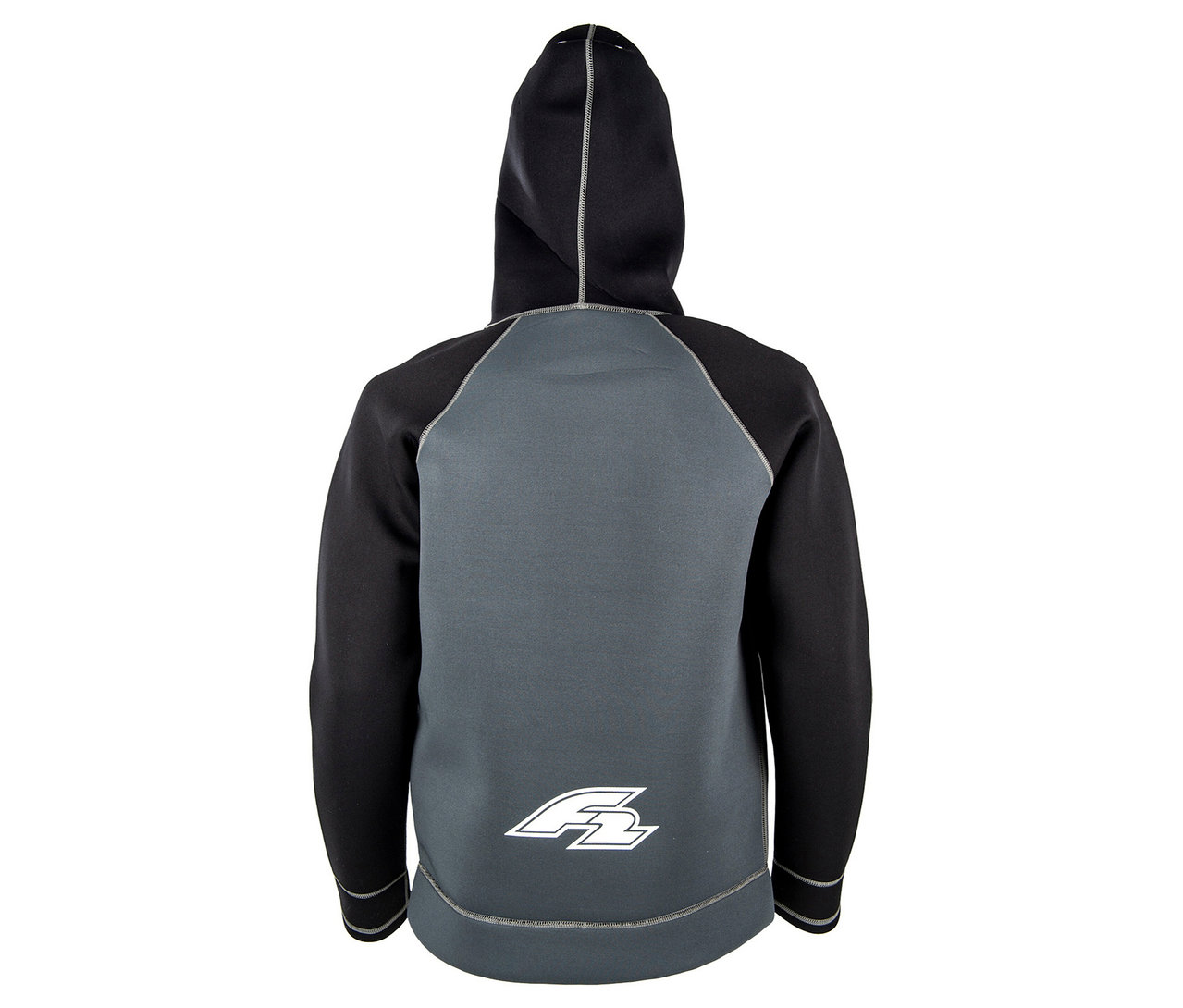 Rückansicht des F2 Neopren Oberteil, Unisex-Hoodie, 4/3 mm, mit schwarzer Kapuze und Ärmeln sowie grauem Rumpf mit weißem Logo unten.