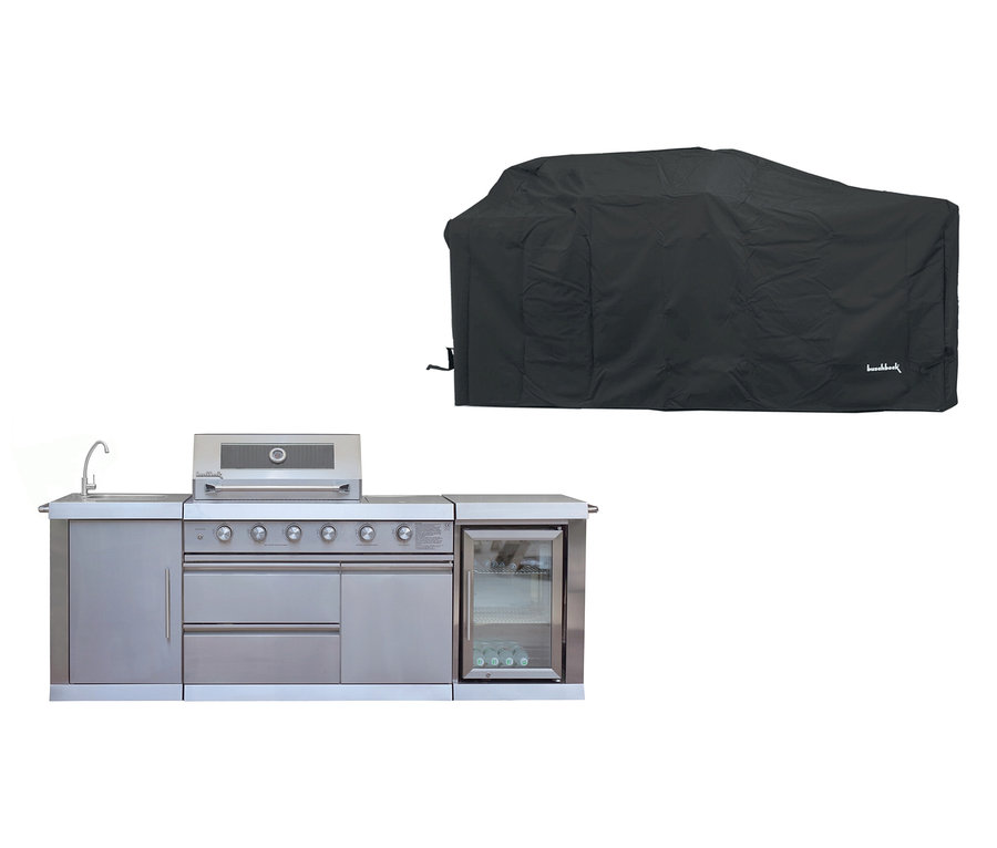 Buschbeck Outdoorküche »Oxford« inkl. Wetterschutzhaube. Die Küche ist aus Edelstahl und hat eine Spüle, einen Grill und einen Kühlschrank.