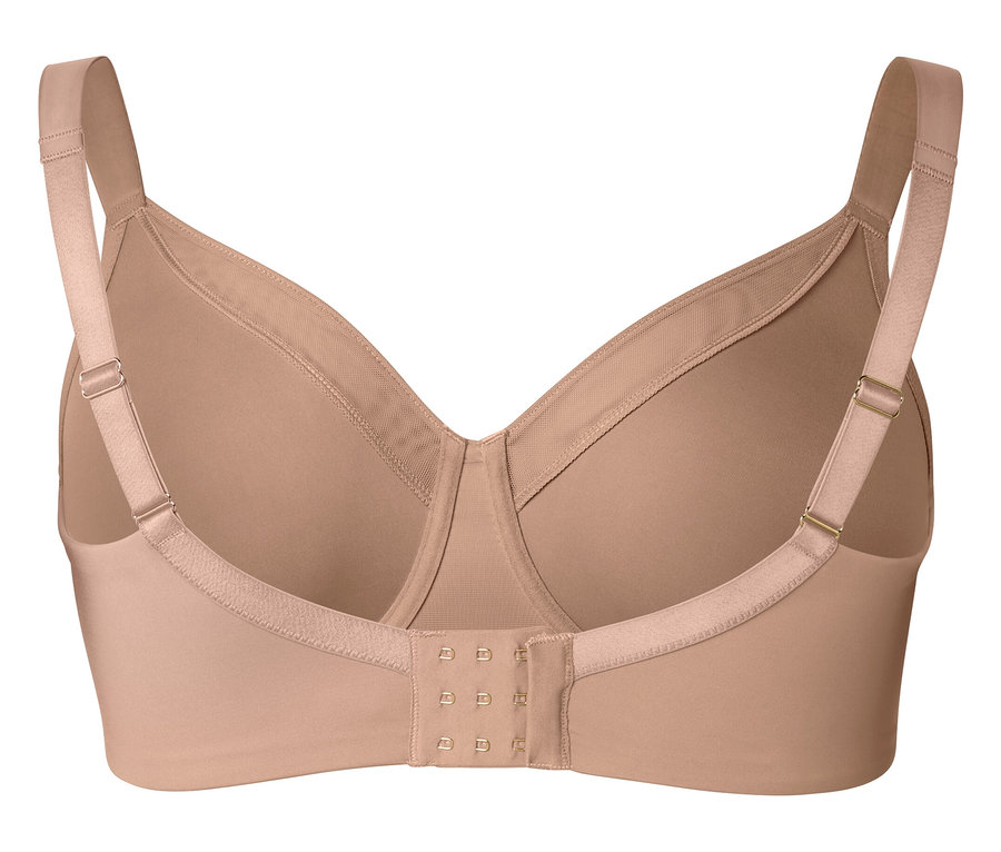 Rückansicht eines hautfarbenen BHs mit verstellbaren Trägern und Haken-und-Ösen-Verschluss.