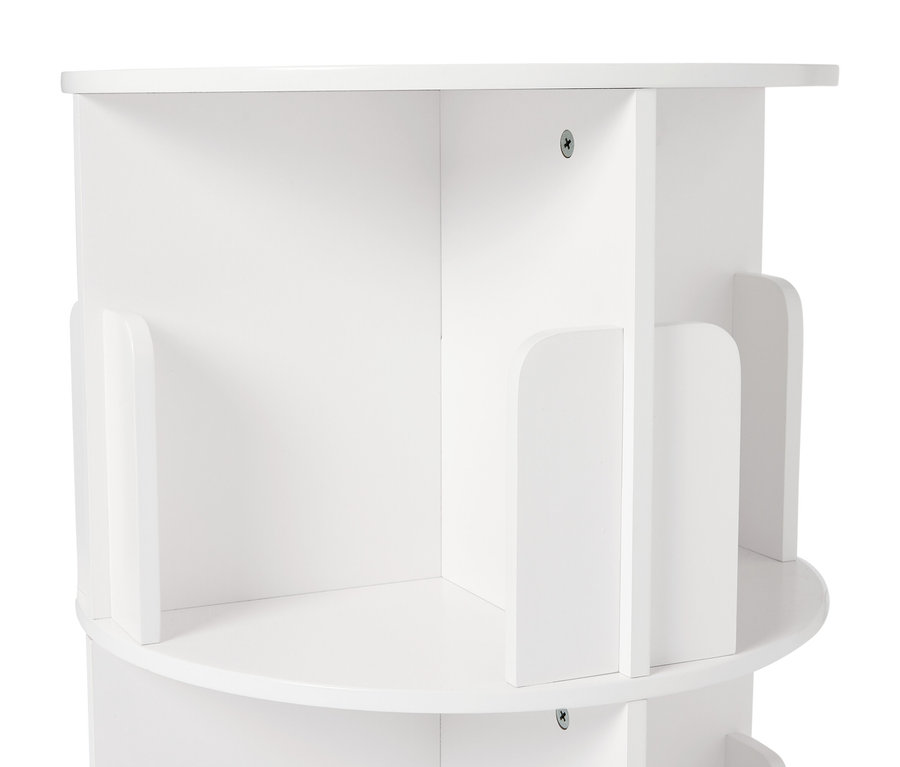 Nahaufnahme eines weißen, runden Bücherregals mit mehreren Fächern, das an einer Schraube befestigt ist.