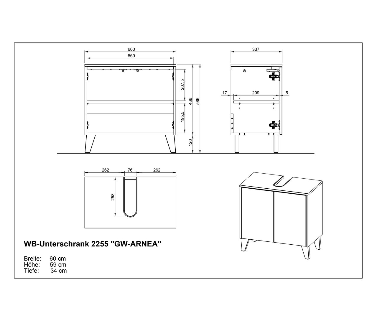 Technische Zeichnung des WB-Unterschrank 2255 "GW-ARNEA" mit Breiten-, Höhen- und Tiefenangaben.